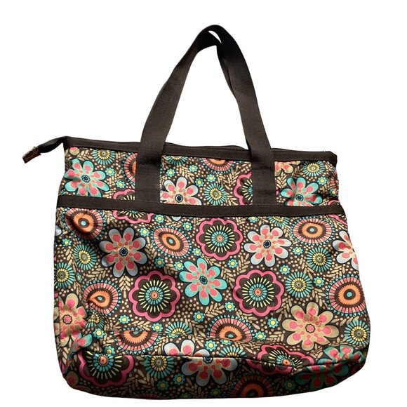 LG retro colors Floral Nylon Tote Bag With Zipper Closure zip inside and out‎ - Picture 3 of 9